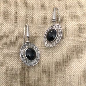 Vintage Sterling Silver Onyx Aztec Disc Earrings